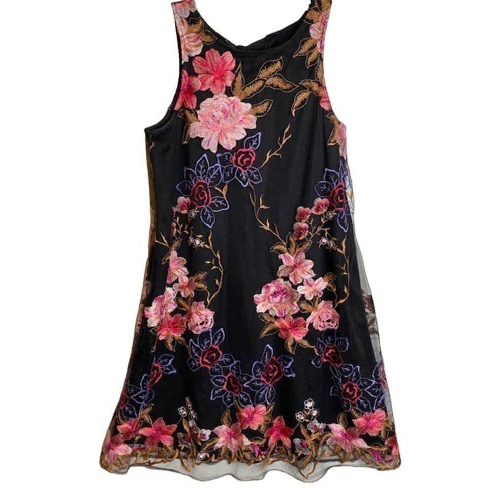 Roz & Ali Black‎ Pink Floral Embroidery A-Line Sleeveless Dress Sz Med. Back Tie